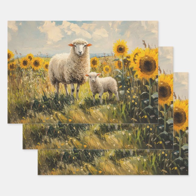 Sheep and Lamb Sunflower Field Decoupage Wrapping Paper Sheet (Set)