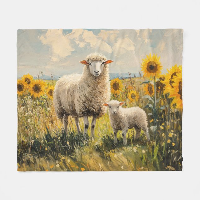 Sheep and Lamb Sunflower Field Fleece Blanket (Front (Horizontal))