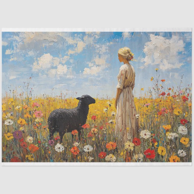 Sheep and Shepherdess with Wildflowers Decoupage Tissue Paper (Front)