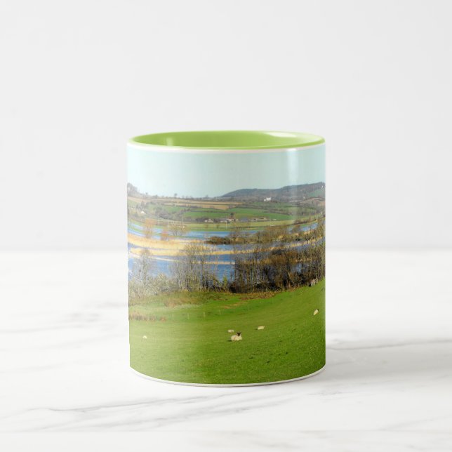 Sheep and the flooded River Exe Two-Tone Coffee Mug (Center)