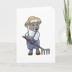 Sheep as Farmer with Rake & Hat Card