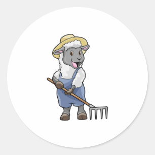 Sheep as Farmer with Rake & Hat Classic Round Sticker
