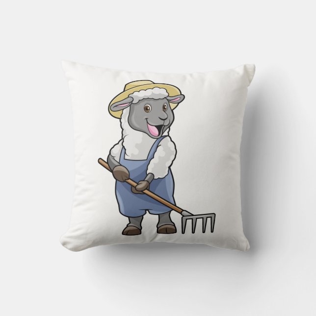 Sheep as Farmer with Rake & Hat Cushion (Front)