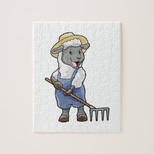 Sheep as Farmer with Rake & Hat Jigsaw Puzzle