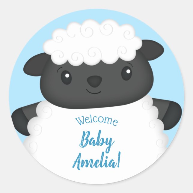 Sheep Baby Shower Farm Blue Boy Classic Round Sticker (Front)