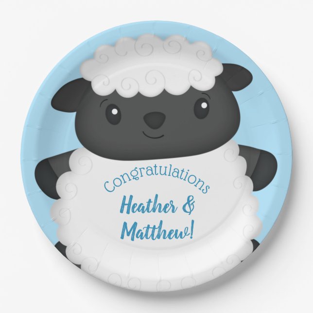 Sheep Baby Shower Farm Blue Boy Paper Plate (Front)