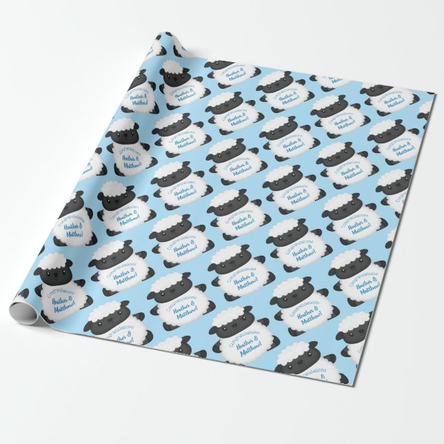 Sheep Baby Shower Farm Blue Boy Wrapping Paper (Unrolled)