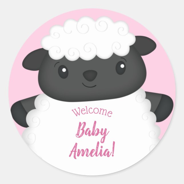 Sheep Baby Shower Farm Pink Girl Classic Round Sticker (Front)