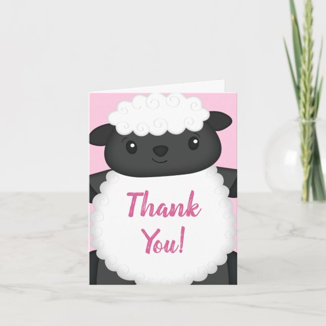 Sheep Baby Shower Farm Pink Girl Thank You Card (Front)