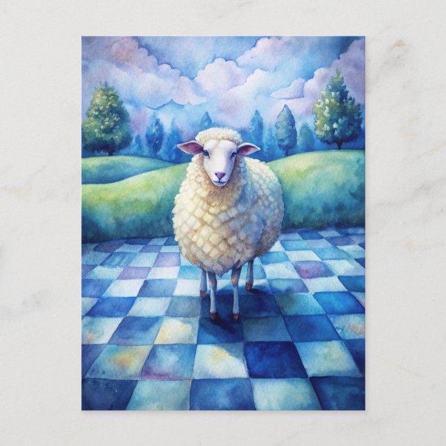 Sheep Blue Checkered Checking on Friend Postcard (Front)