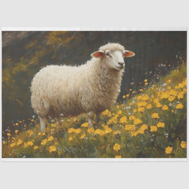 Sheep Buttercup Flowers Painting Decoupage Tissue Paper (Front)
