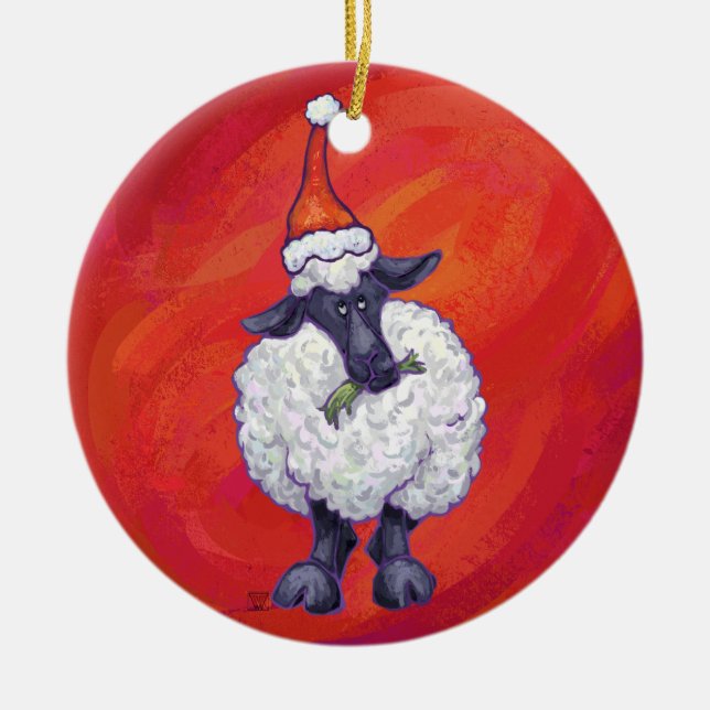 Sheep Christmas On Red Ceramic Tree Decoration (Front)