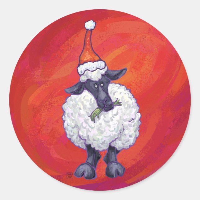 Sheep Christmas On Red Classic Round Sticker (Front)