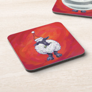 Sheep Christmas On Red Coaster