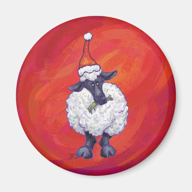 Sheep Christmas On Red Magnet (Front)