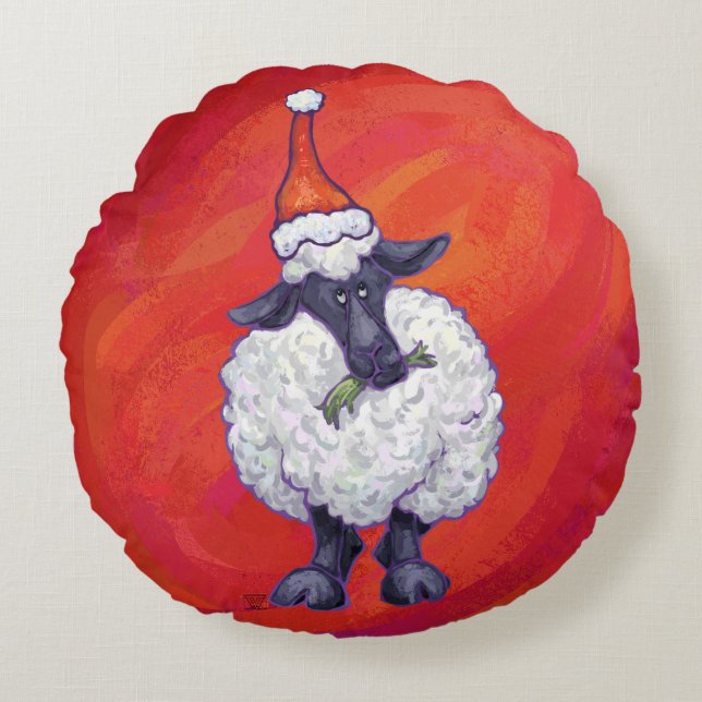 Sheep Christmas On Red Round Cushion (Front)