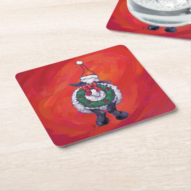 Sheep Christmas On Red Square Paper Coaster (Angled)