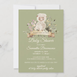 Sheep Cute Botanical Sage Baby Shower Invitation