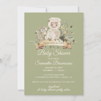 Sheep Cute Botanical Sage Baby Shower Invitation