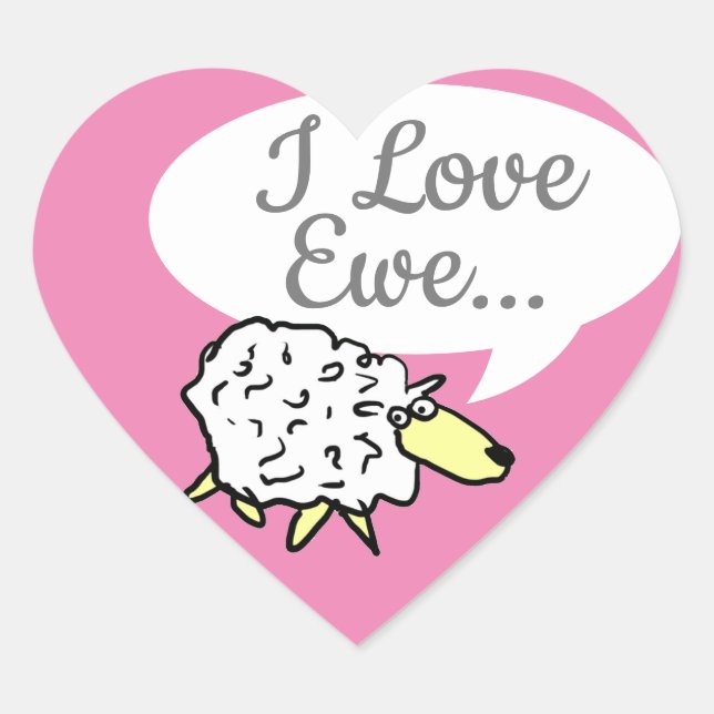 Sheep Design Cartoon with I Love Ewe Pun Heart Sticker (Front)