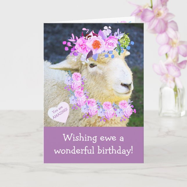 Sheep Dressed In Flowers Birthday Card (Orchid)