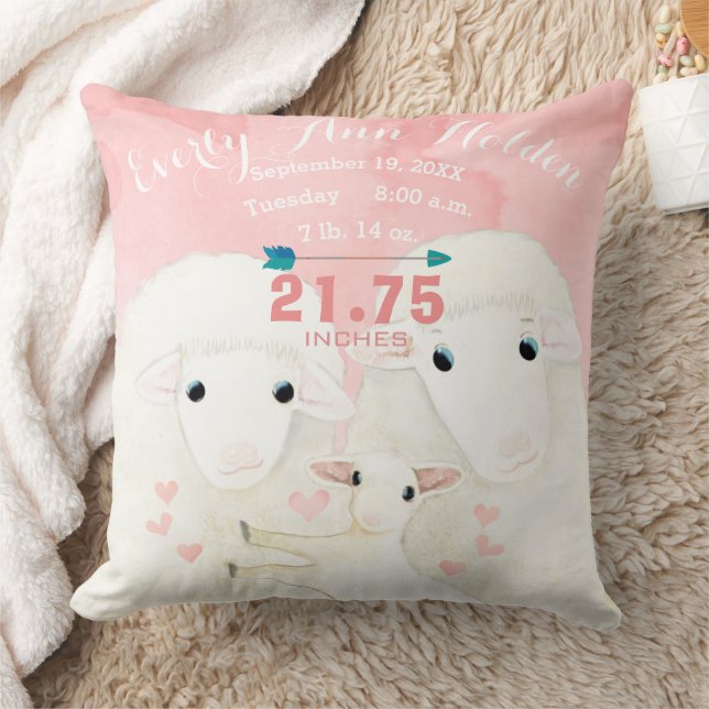 Sheep Family Baby Girl Birth Record Birth Stats Cushion (Blanket)