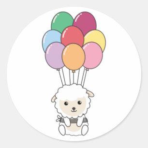Sheep Flies Up With Colourful Balloons Classic Rou Classic Round Sticker