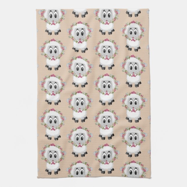 Sheep Floral Beige Kitchen Hand Towel (Vertical)