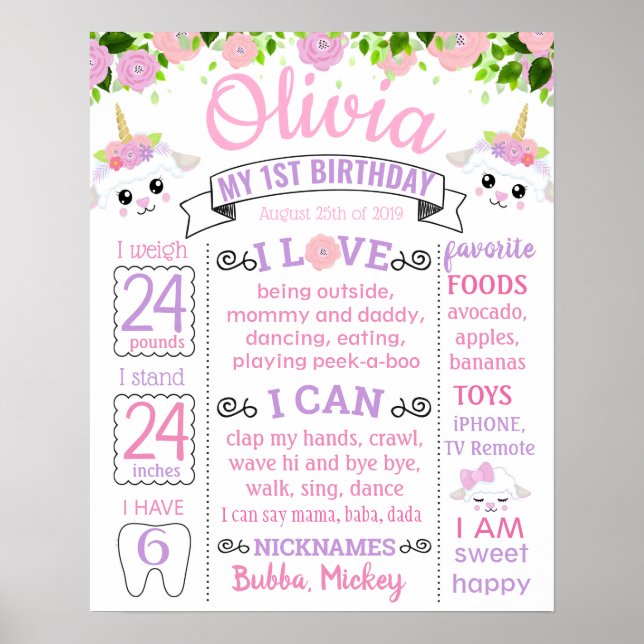 Sheep Floral Flowers Birthday Party board Poster (Front)
