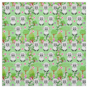 Sheep Floral Trees Green Fabric