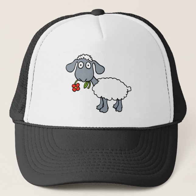 Sheep Grey White Lamb Red Flower Trucker Hat (Front)
