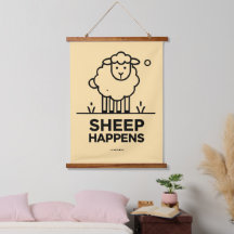 SHEEP HAPPEN Funny Wall Tapestry with Wood Top