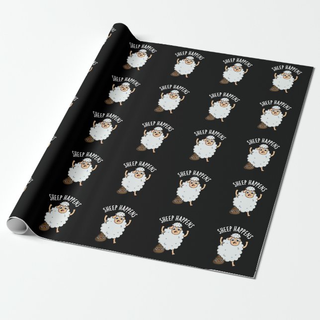 Sheep Happens Funny Poop Pun Dark BG Wrapping Paper (Unrolled)