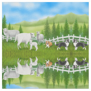 Sheep Herding Border Collie Dogs Fabric