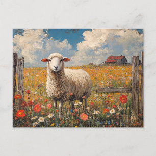Sheep in a Wildflower Field Rustic Farm Postcard