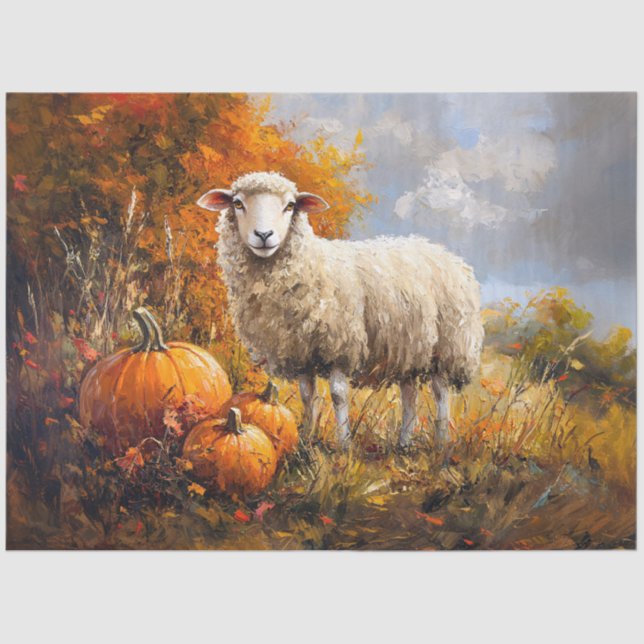 Sheep in Autumn Field with Pumpkins Decoupage Tissue Paper (Front)