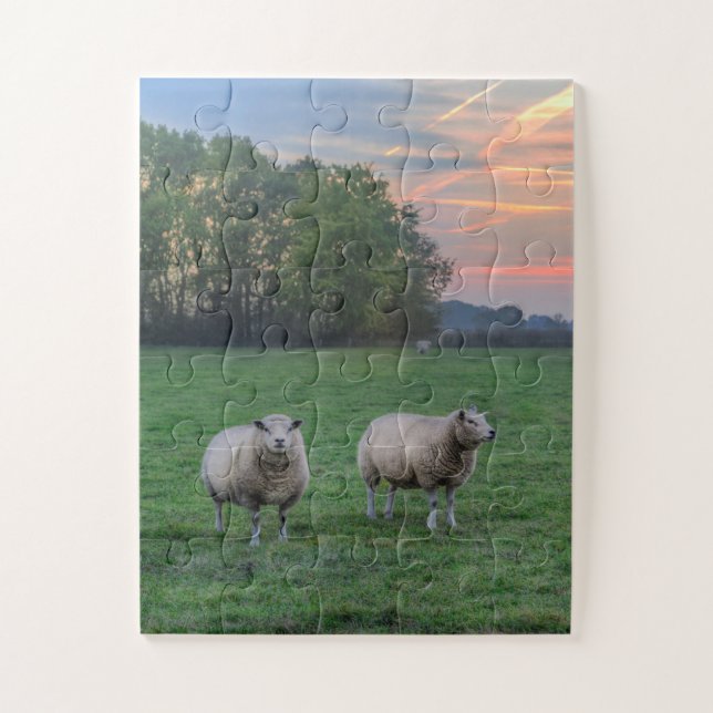 Sheep in Field with Sunset Jigsaw Puzzle (Vertical)