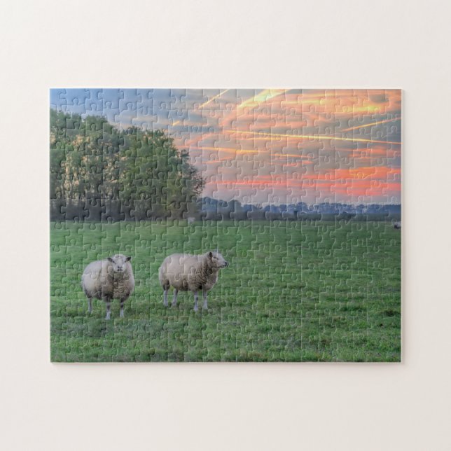 Sheep in Field with Sunset Jigsaw Puzzle (Horizontal)