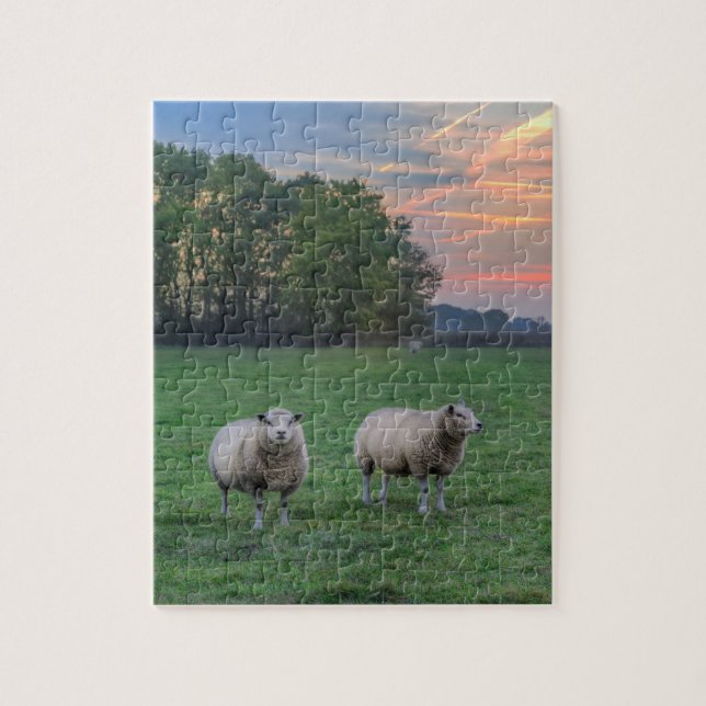 Sheep in Field with Sunset Jigsaw Puzzle (Vertical)