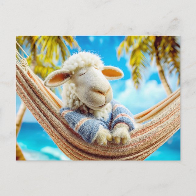 Sheep in hammock under palm tree holiday postcard (Front)