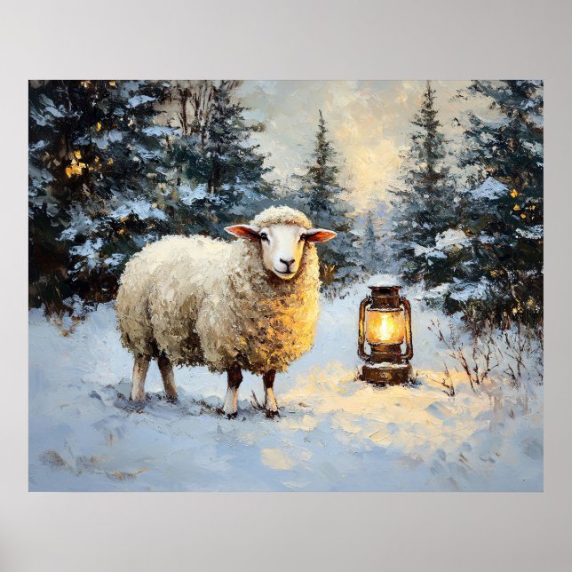 Sheep in Lantern-Lit Forest Poster (Front)