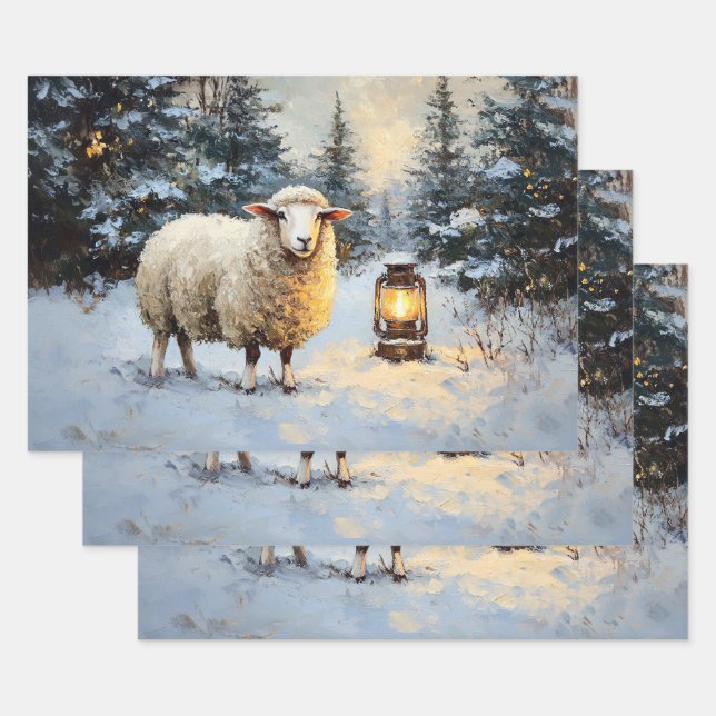 Sheep in Lantern-Lit Forest Wrapping Paper Sheet (Set)