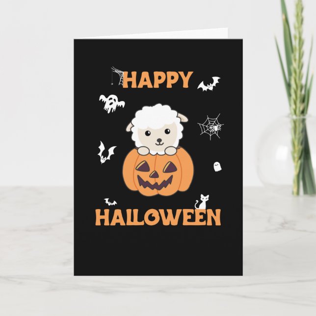 Sheep In Pumpkin Cute Sheep Happy Halloween Card (Front)