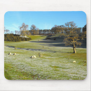 Sheep in the frosty valley mouse mat