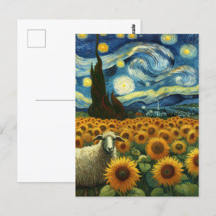 Sheep in the Sunflower Field A Faux Van Gogh  Postcard