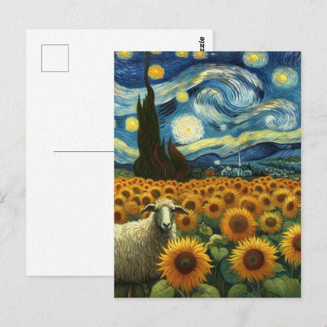 Sheep in the Sunflower Field A Faux Van Gogh  Postcard (Front/Back)