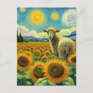 Sheep in the Sunflower Field Faux Van Gogh Postcard