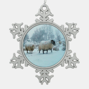 Sheep in Winter  Snowflake Pewter Christmas Ornament