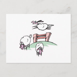 sheep jumping fence postcard