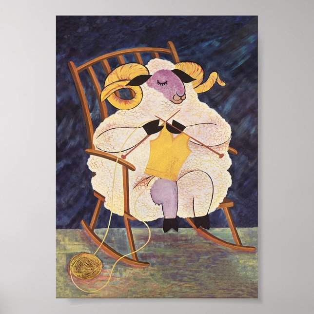 Sheep Knitting a Sweater Vintage Animal Poster (Front)